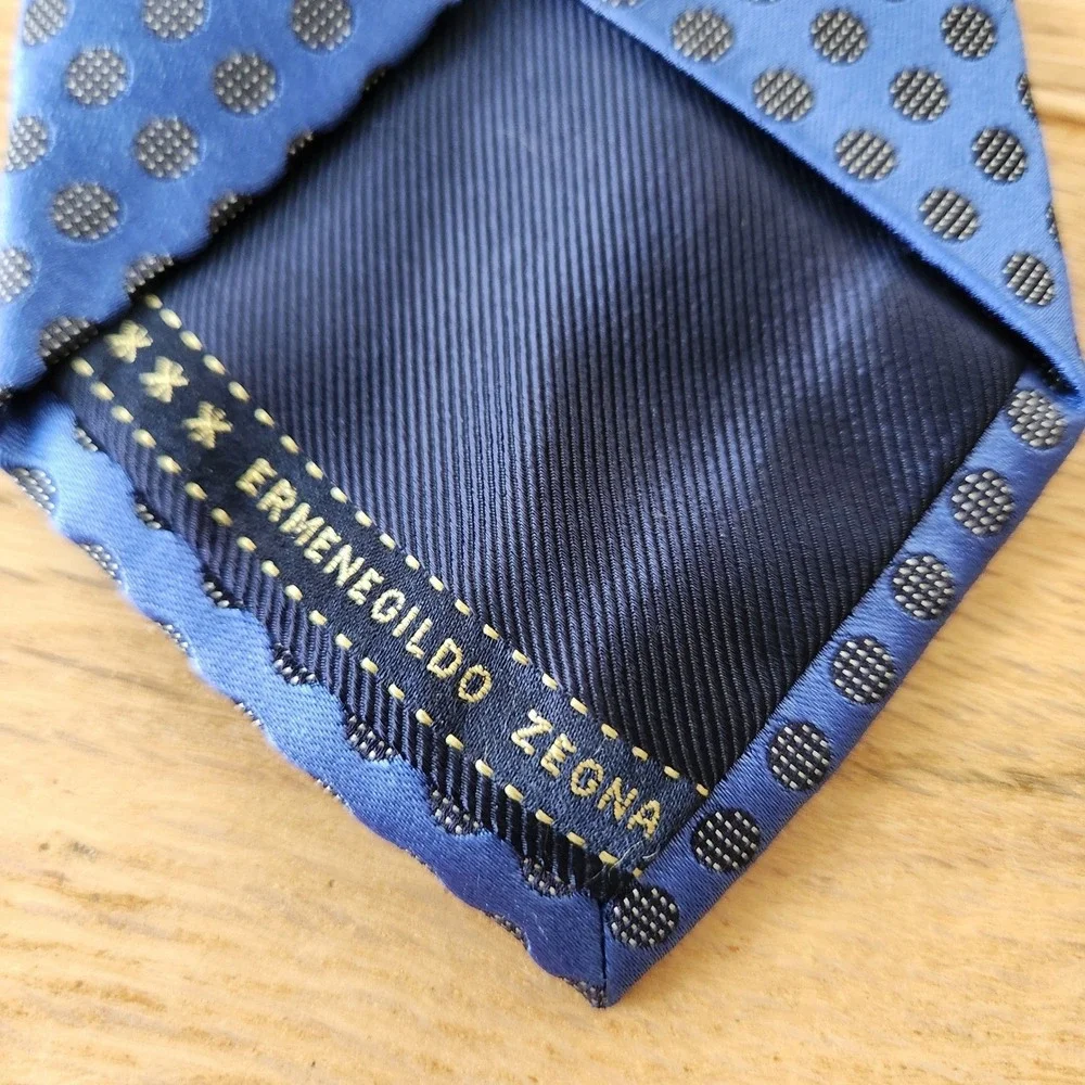 Ermenegildo Zegna Blue Silk Tie Black‎ Polka Dot Pattern Necktie Men's